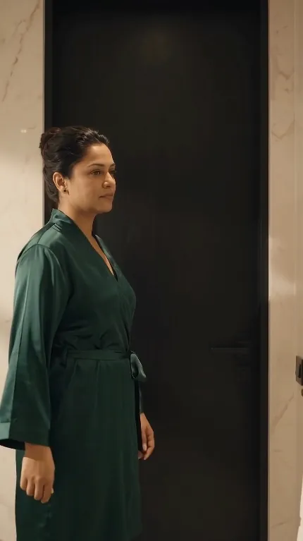 Woman in a green silk robe in a marble bathroom, from Aura