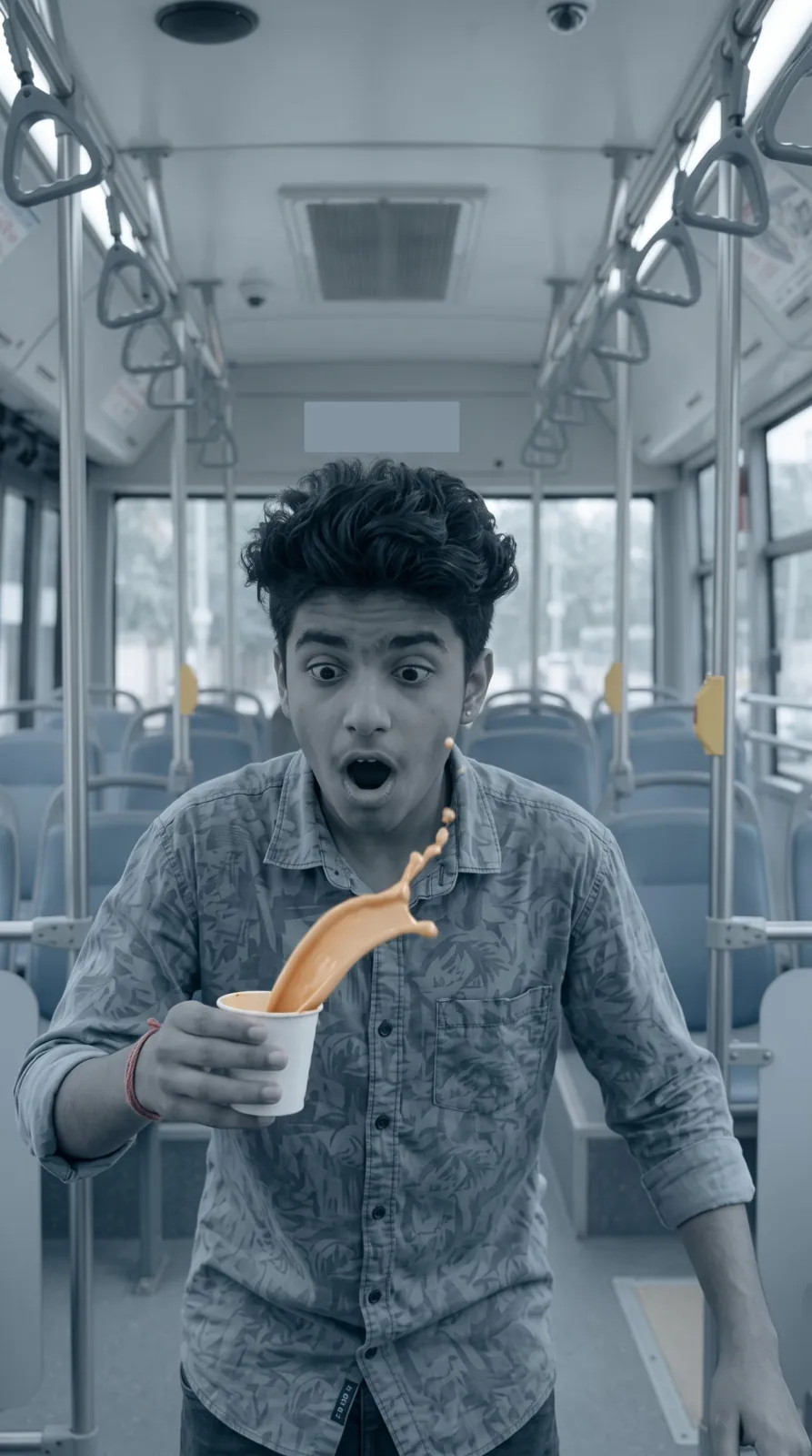 A boy on a bus as his tea flies out of the cup, from Newton's First Law