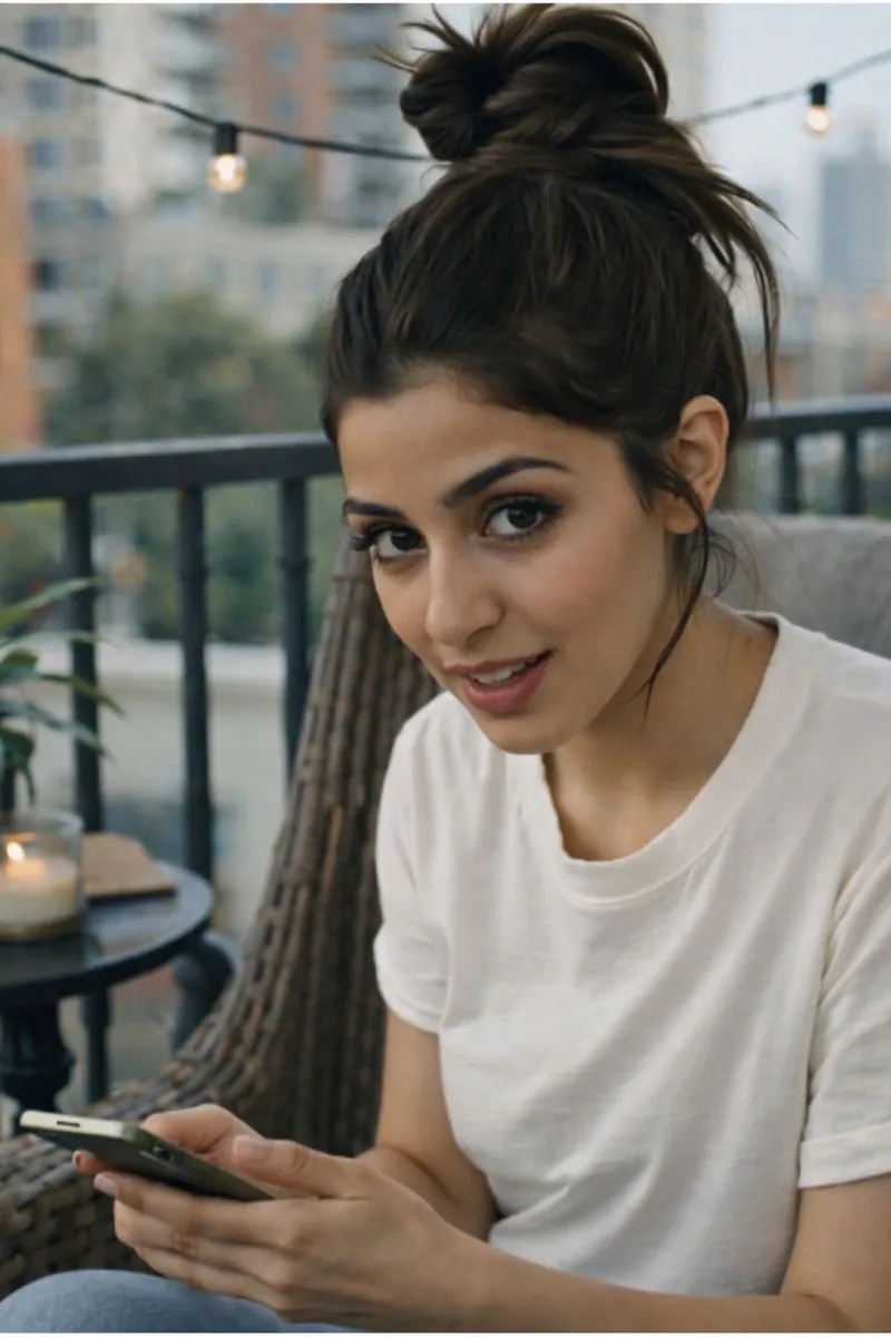 Young woman on a balcony holding her phone, from the Tringo ad